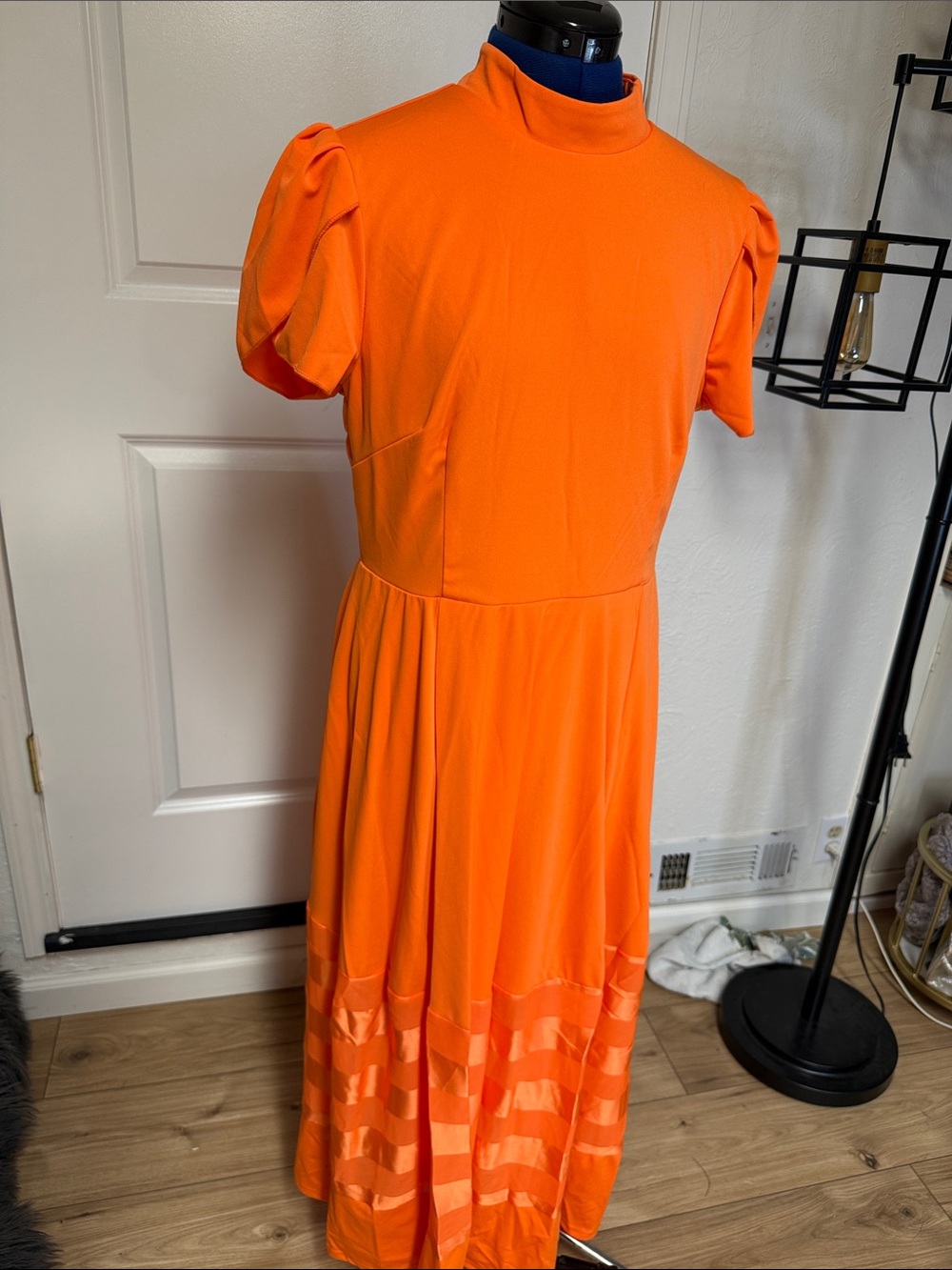 Bright Orange Mock-Neck Midi Dress with Puff Sleeves
